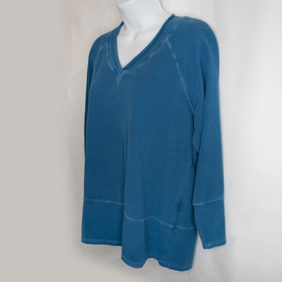 NEW Hot Cotton Waffle Knit Top Womens Small S Blue Long Sleeve Shirt V Neck Y06X - Picture 2 of 5